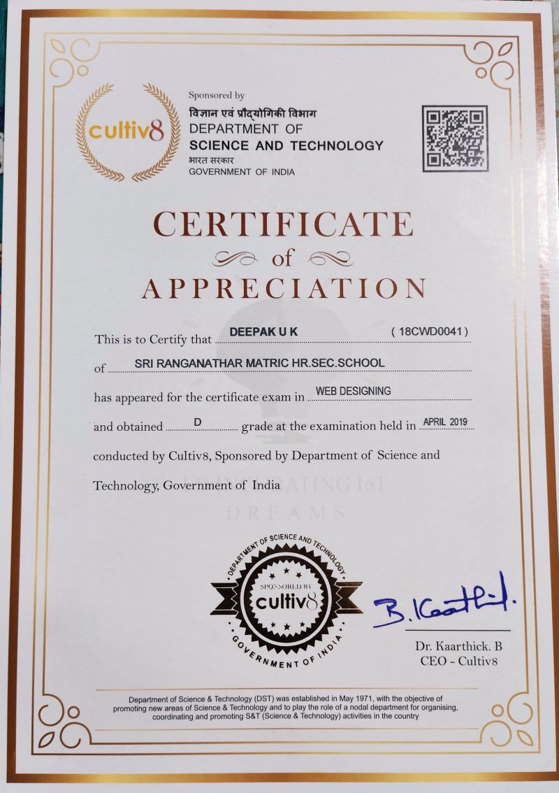 Web Designing certificate from DST Government of India