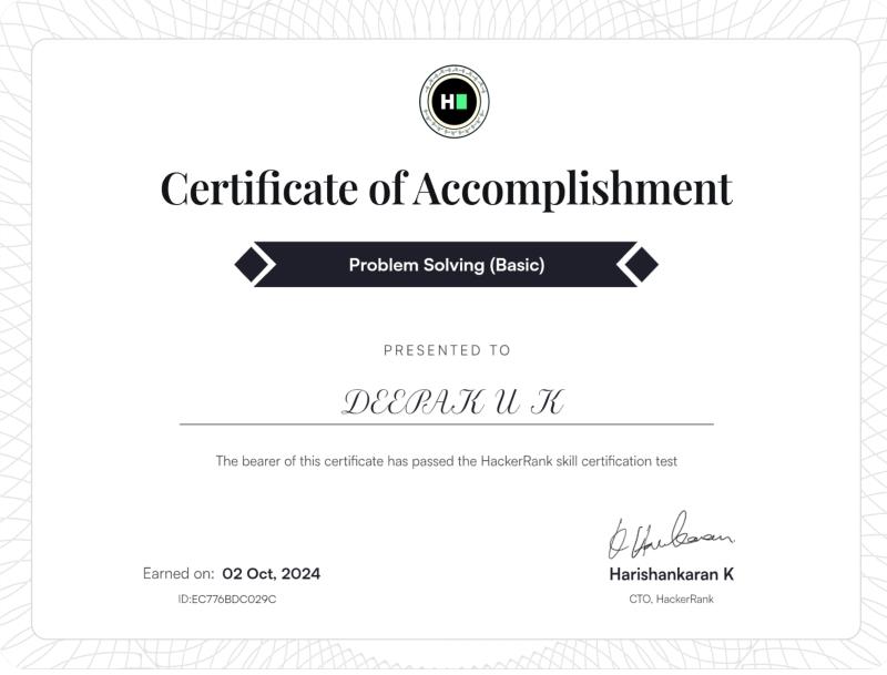Problem Solving Basic certificate from HackerRank