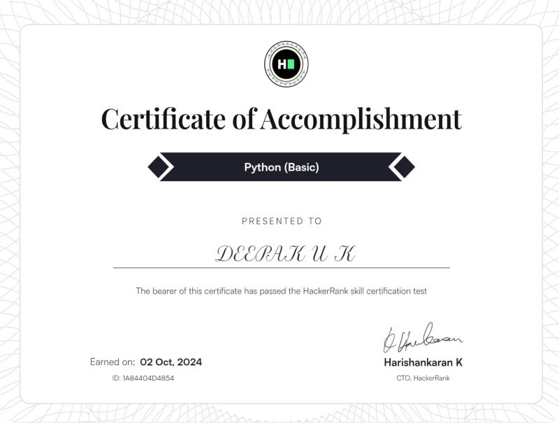 Python Basic certificate from HackerRank