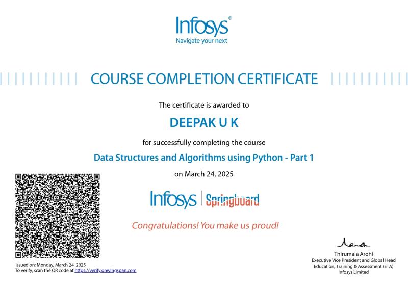 Data Structures and Algorithms Part 1 certificate from Infosys Springboard