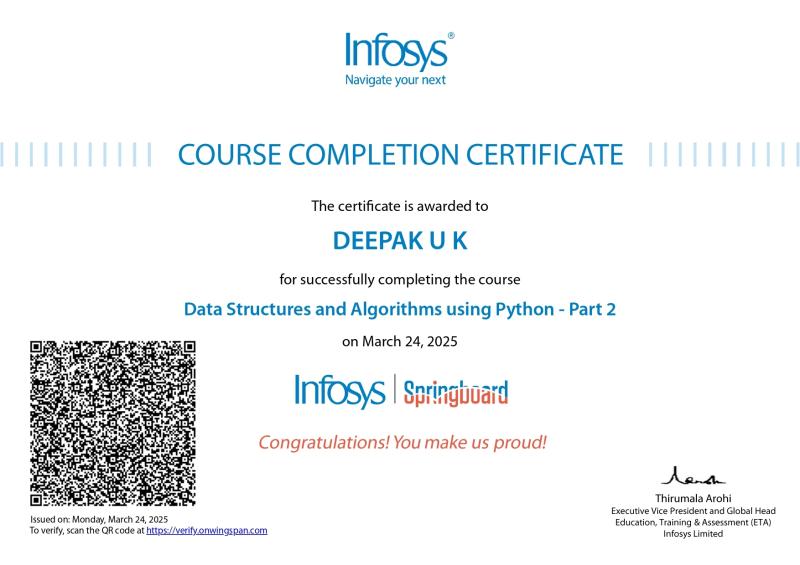 Data Structures and Algorithms Part 2 certificate from Infosys Springboard