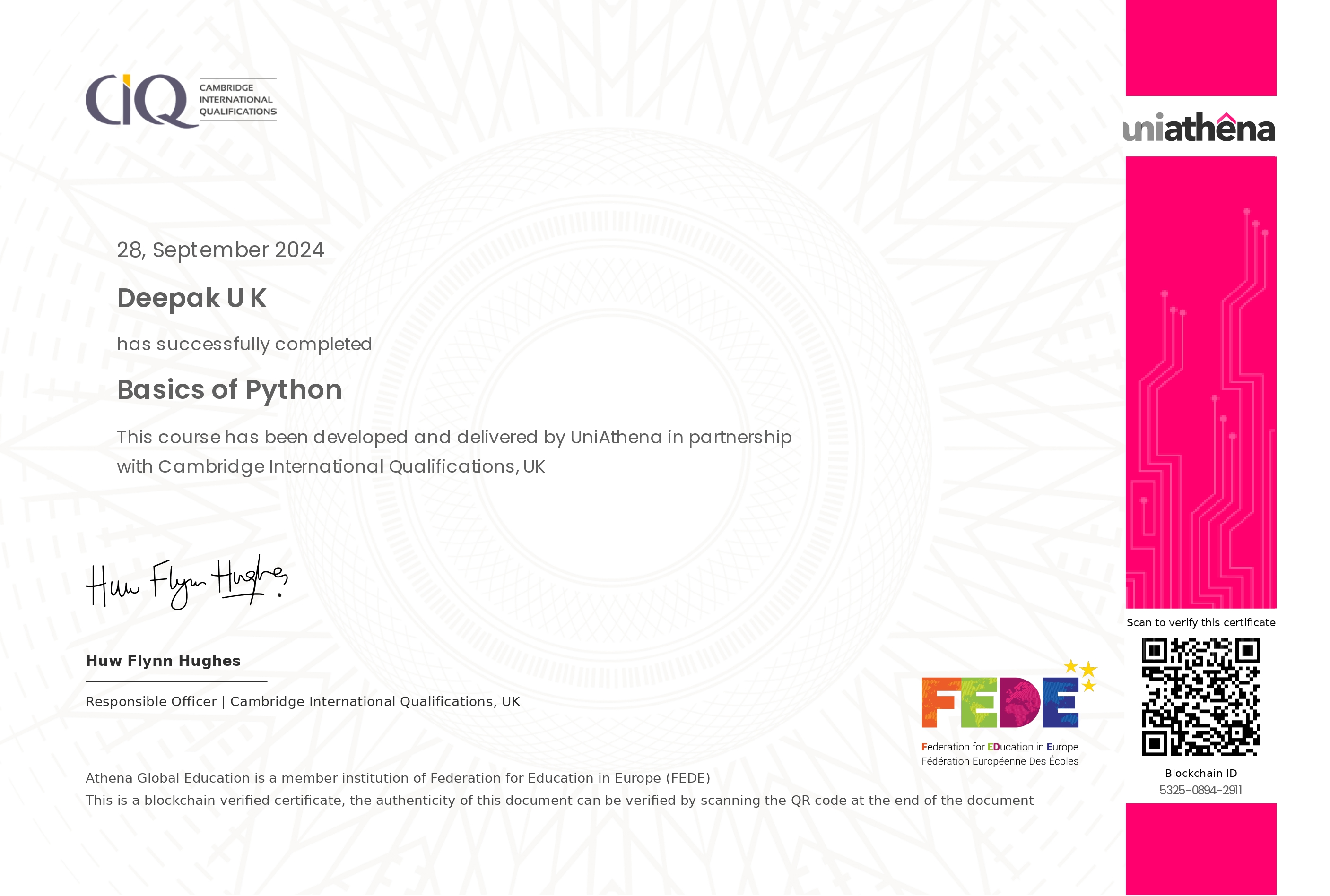 Basics of Python certificate from UniAthena