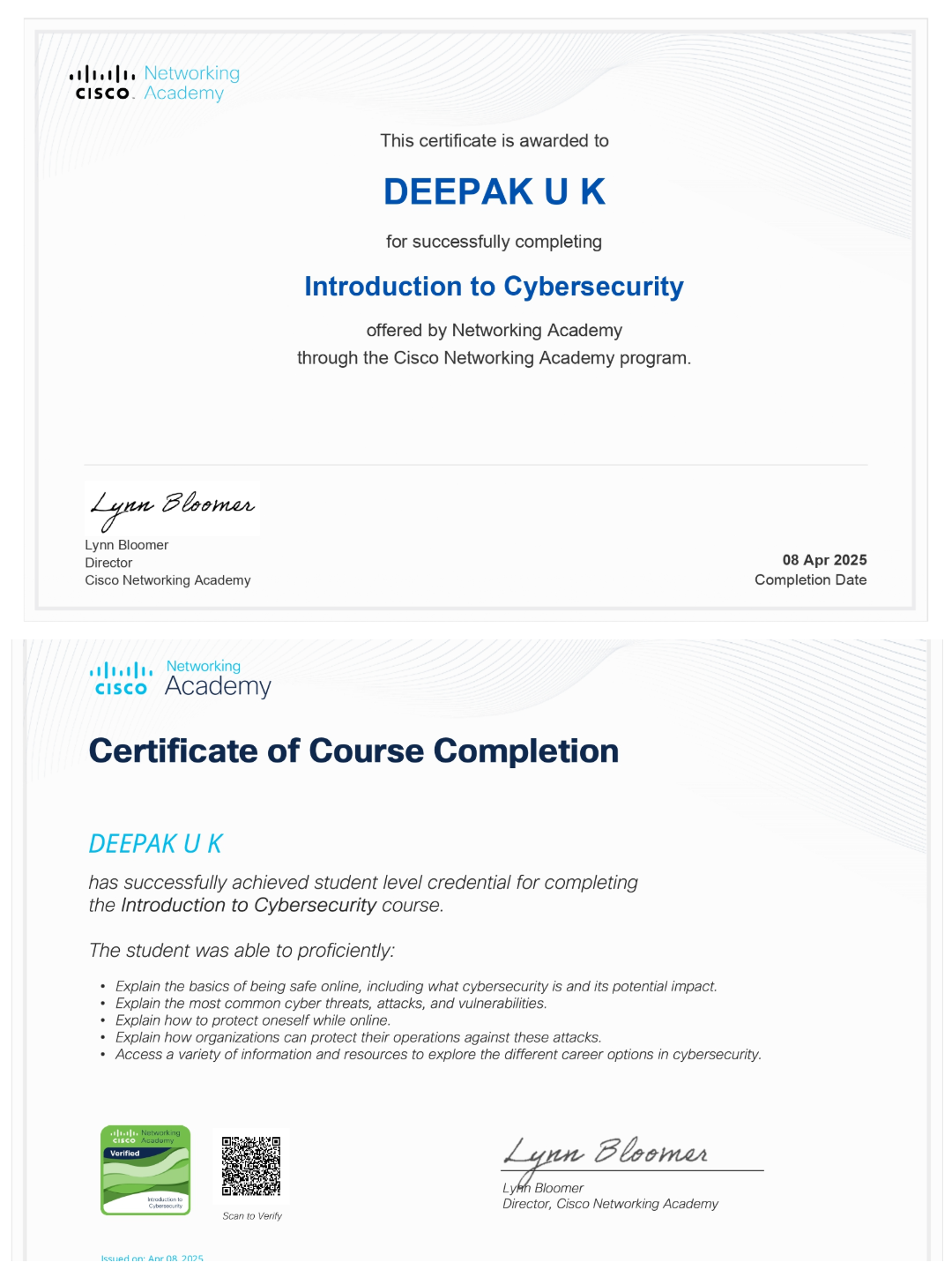 Introduction to Cybersecurity certificate from Cisco Networking Academy