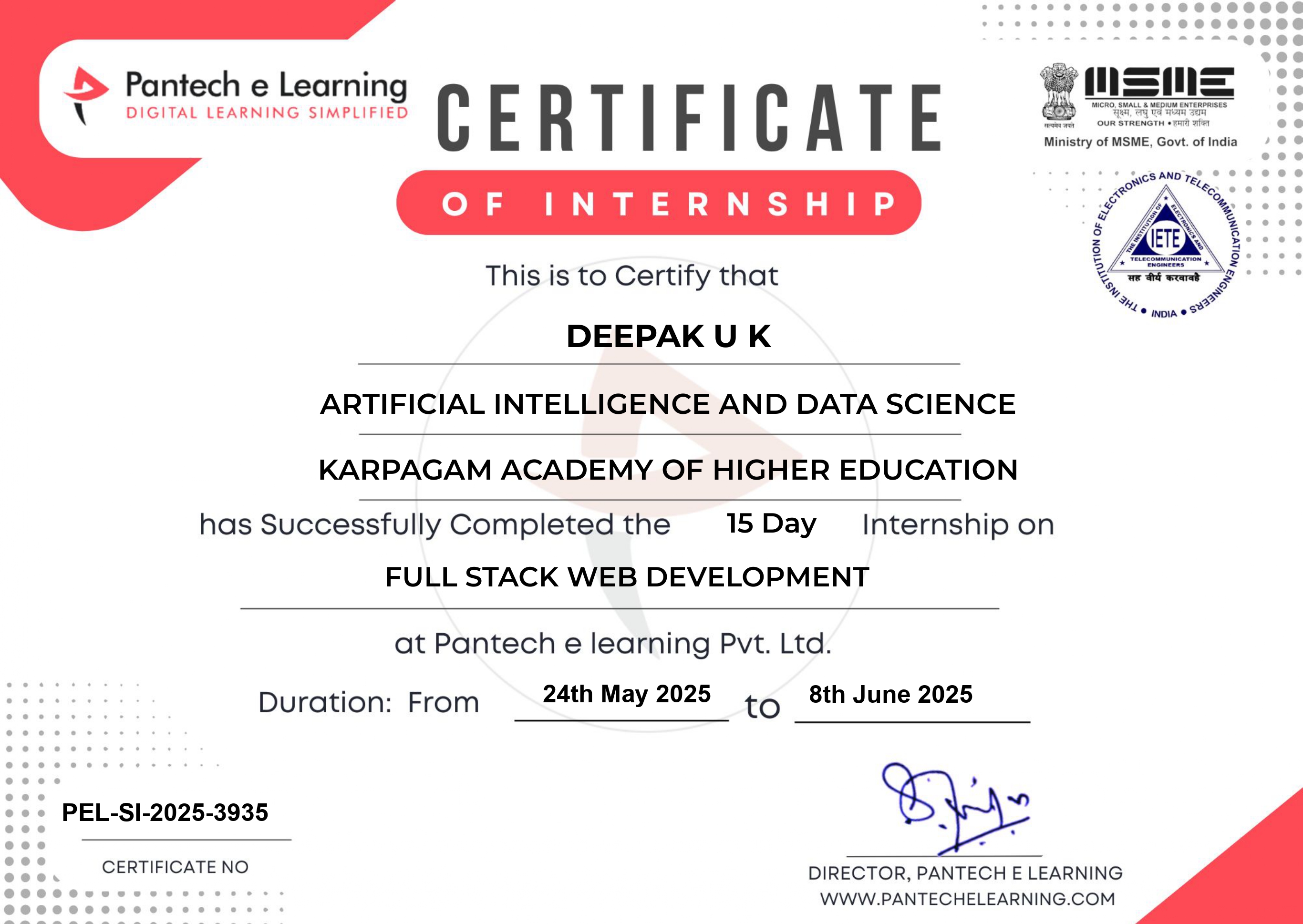 Full Stack Web Development Internship certificate from Pantech e Learning