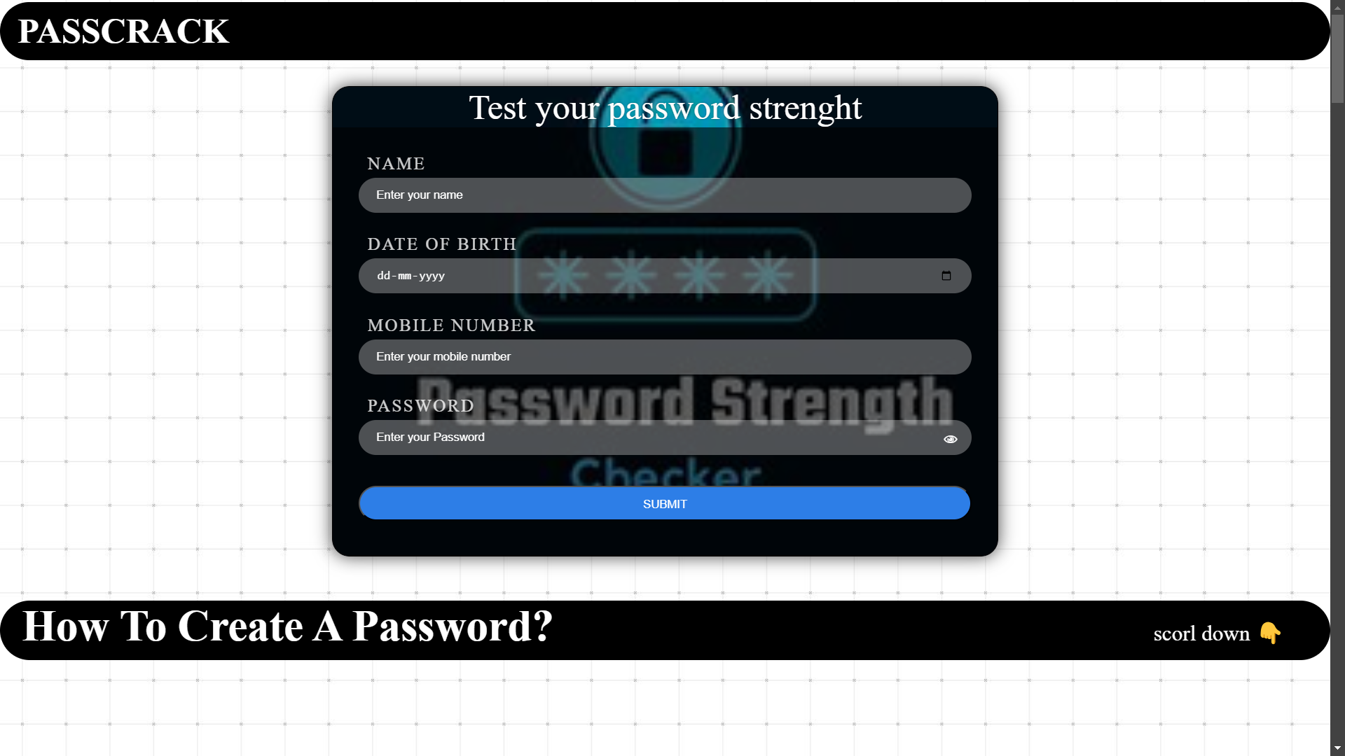 PassCrack — password strength checker using JavaScript with real-time feedback